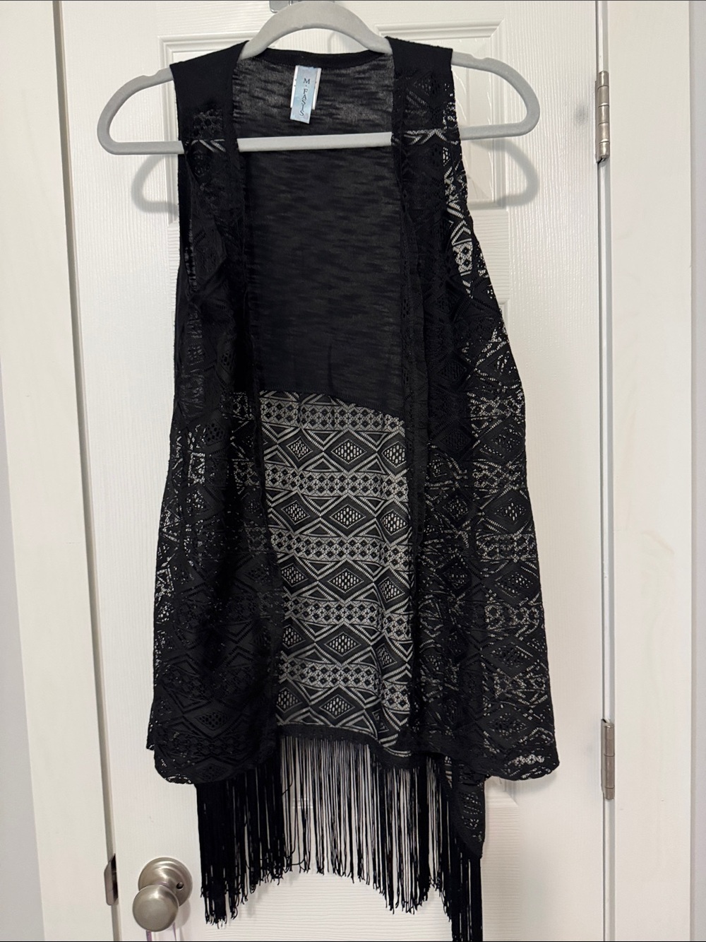 SO Black Lace Fringe Open-Front Vest